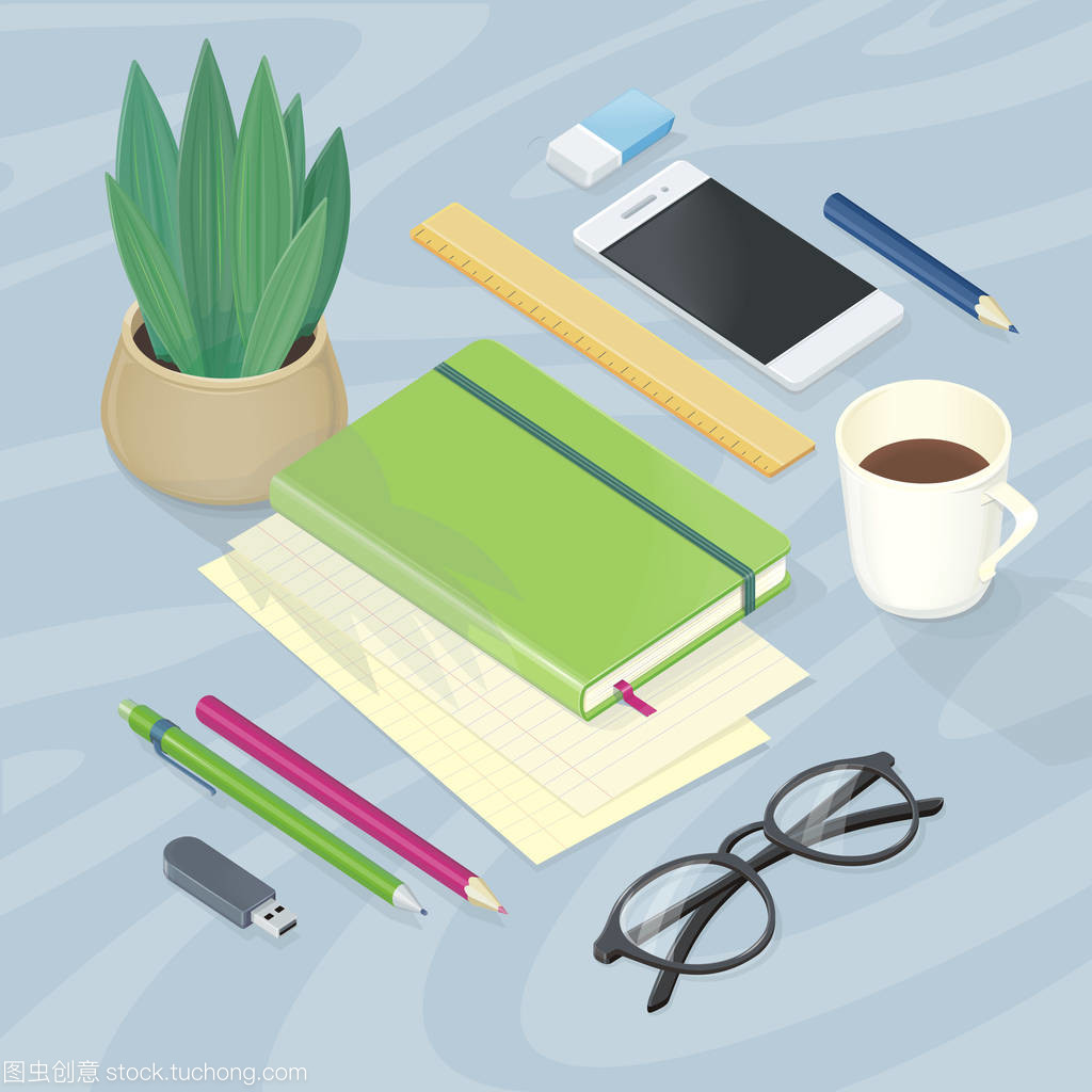 頂視圖下的工作場所與辦公用品布局藝術